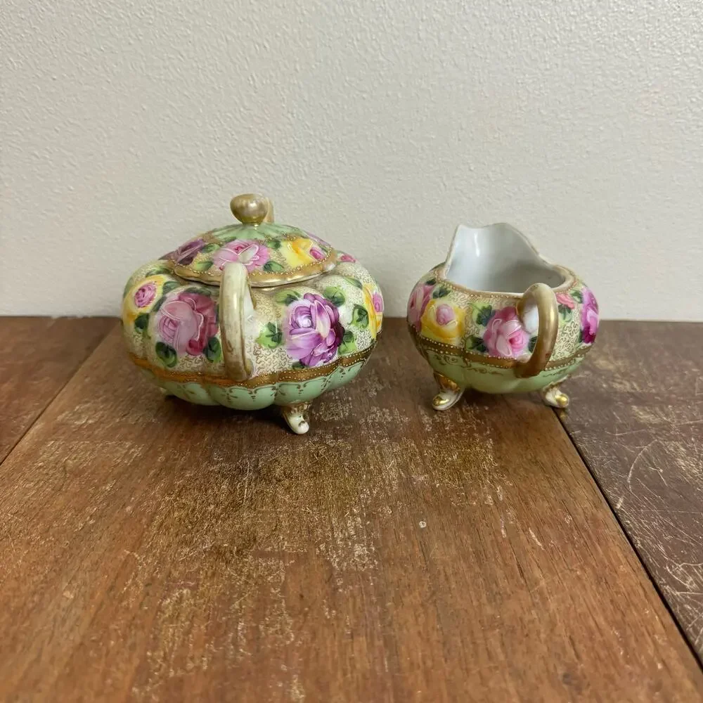 Vintage Antique Japanese Nippon Porcelain‎ Cream & Sugar Tea Set Floral Gilt